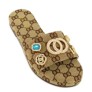 NWT BROWN MULTICOLOR & GOLD EMBELLISHED DESIGNER LOGO SLIDE-ON SANDALS: 9!